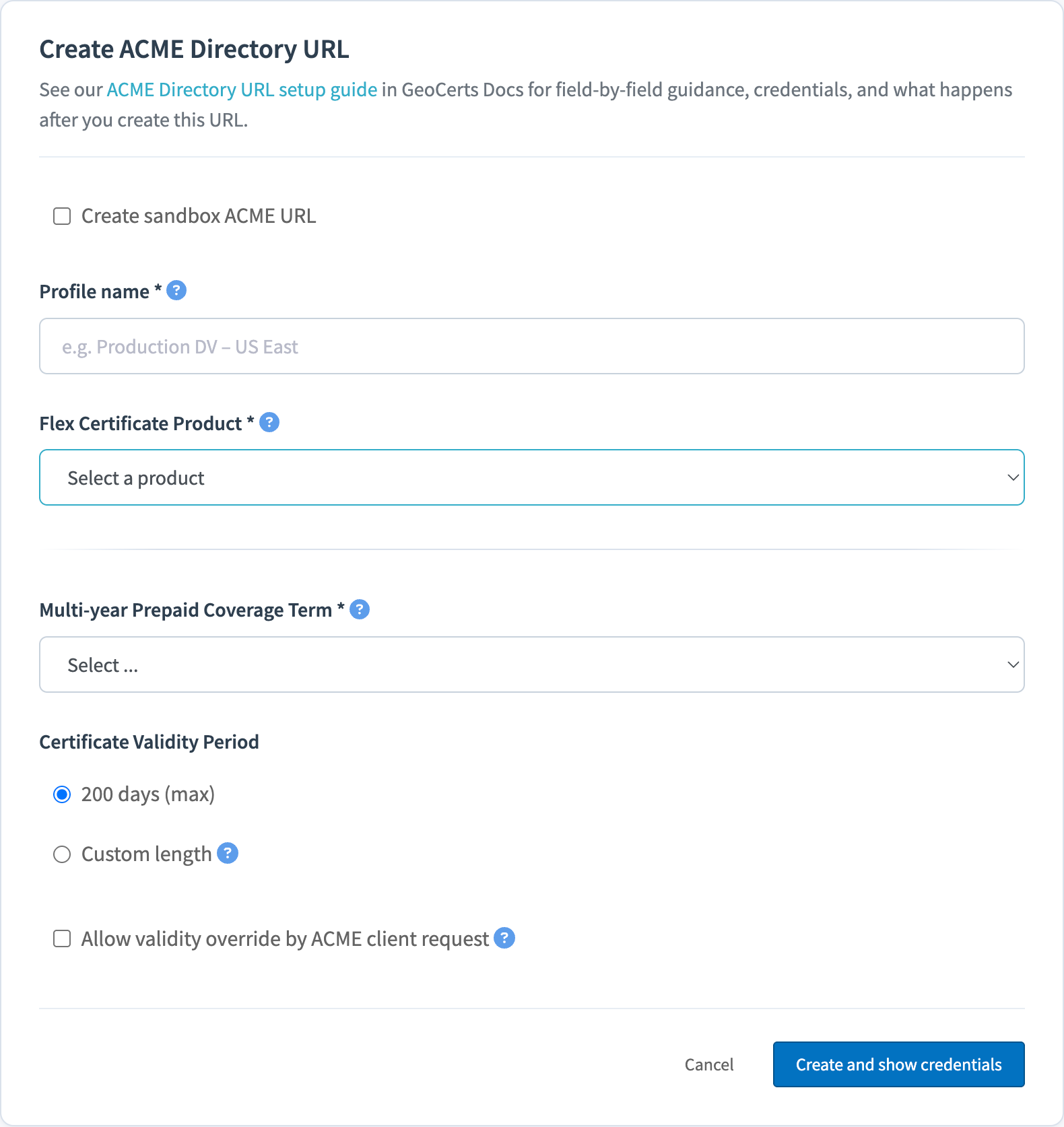 The Create ACME Directory URL form presented after clicking Create ACME Directory URL, with fields for Profile name, Flex Certificate Product, and Certificate Validity Period.
