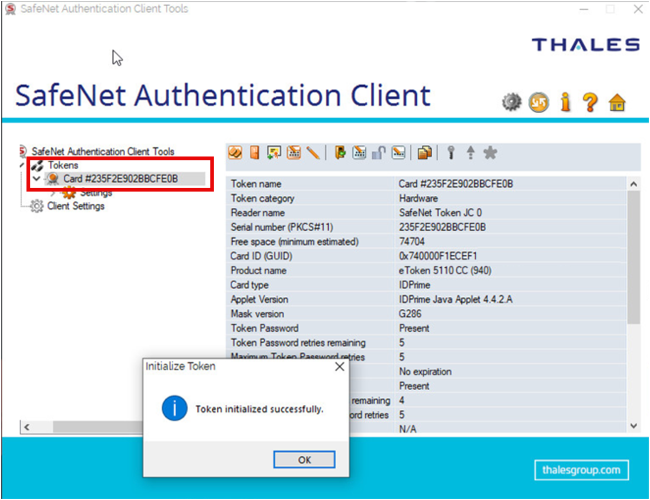 SafeNet Authentication Client showing an initialized eToken