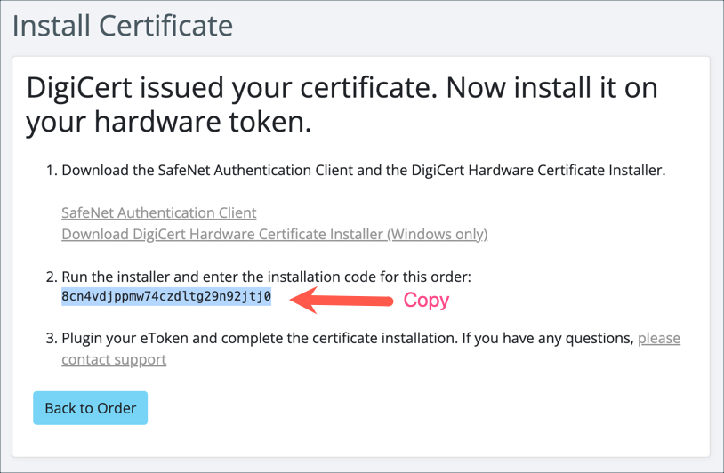 CertCommand Install Certificate page with initialization code to copy