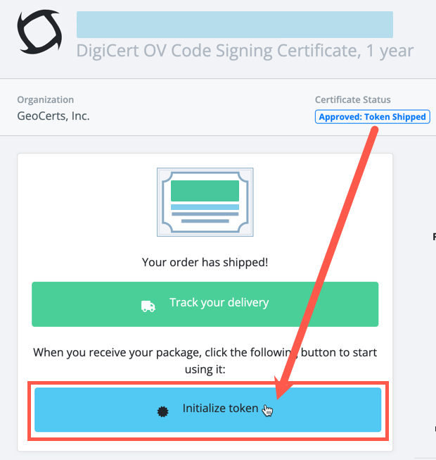 CertCommand order showing token shipped and Initialize token