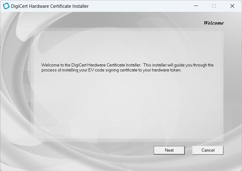 DigiCert Hardware Certificate Installer welcome screen
