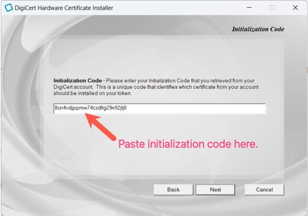 Initialization Code page with code pasted into the installer