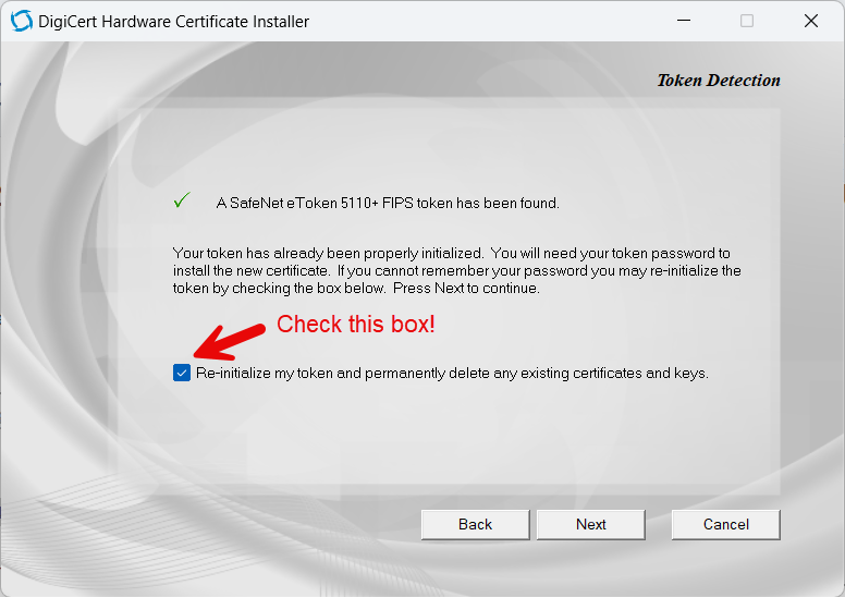 Token Detection with Re-initialize checkbox selected
