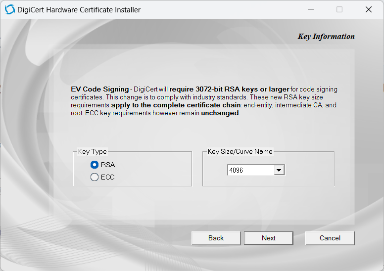 Key Information page with RSA 4096 selected