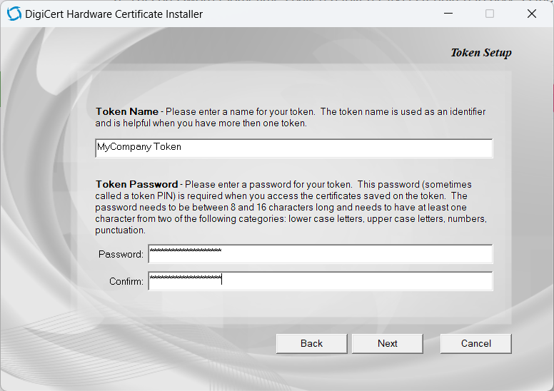 Token Setup: token name and eToken Password