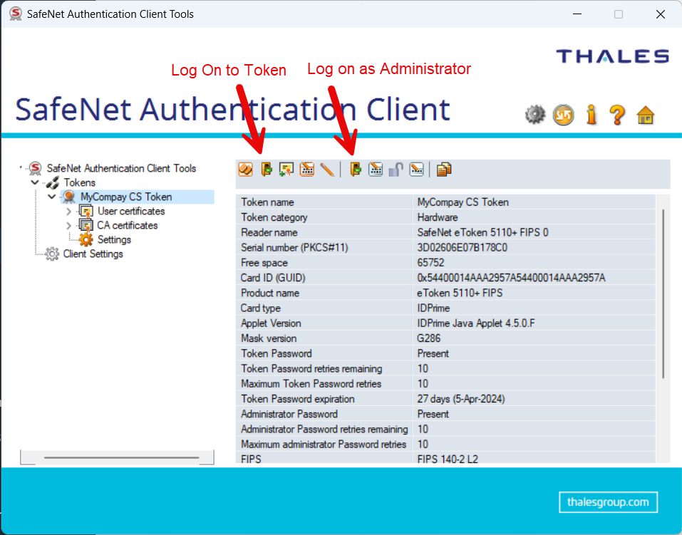 SafeNet Advanced View with Log On to Token and Log on as Administrator highlighted