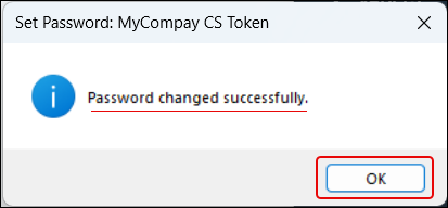 SafeNet dialog: Password changed successfully