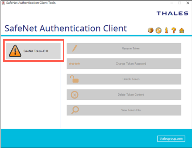 SafeNet Authentication Client showing SafeNet Token JC 0 with actions disabled