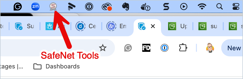 macOS menu bar with SafeNet Authentication Client icon highlighted