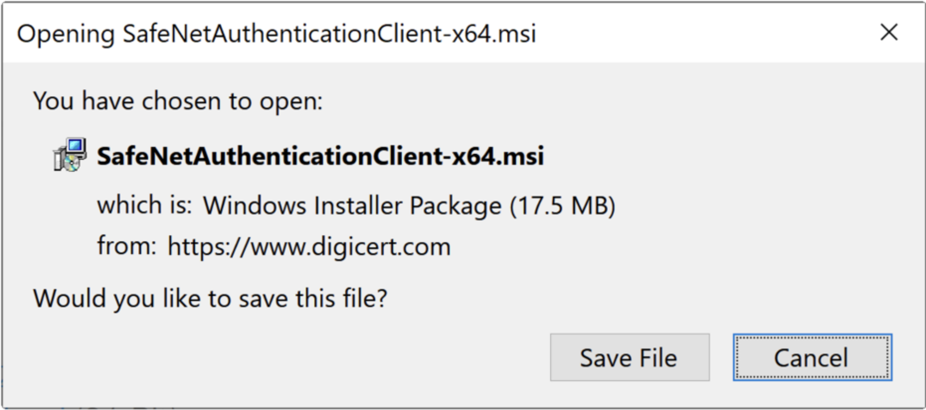 Browser save dialog for SafeNetAuthenticationClient-x64.msi