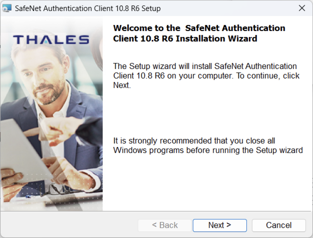 SafeNet Authentication Client Windows installer welcome page