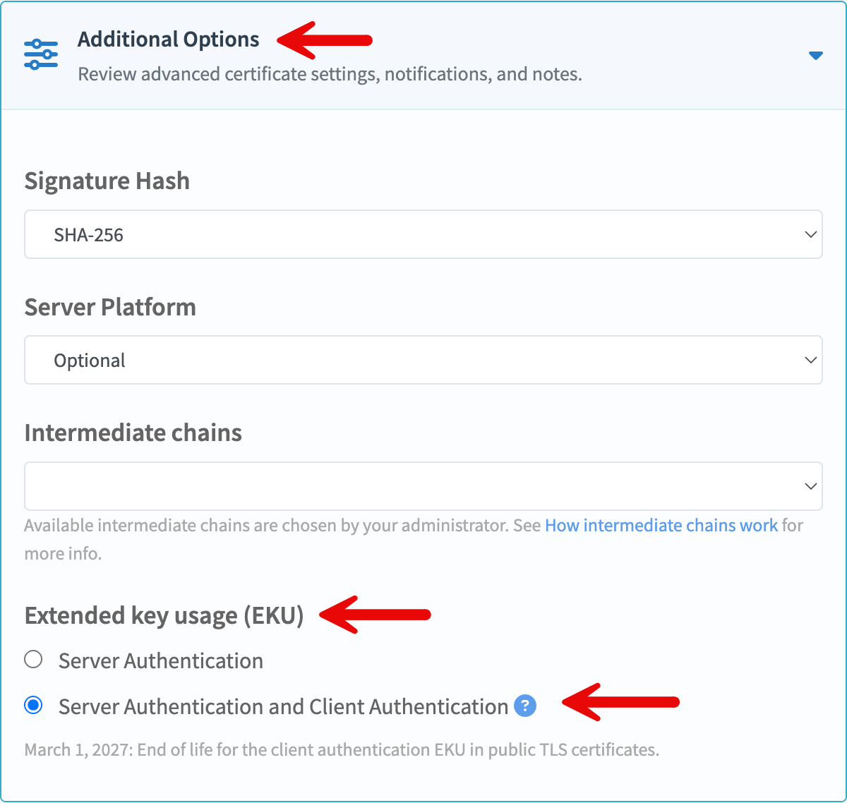 Additional Options section on a DigiCert TLS certificate order form, with Extended key usage (EKU) set to Server Authentication and Client Authentication. A note states March 1, 2027 is end of life for the client authentication EKU in public TLS certificates.