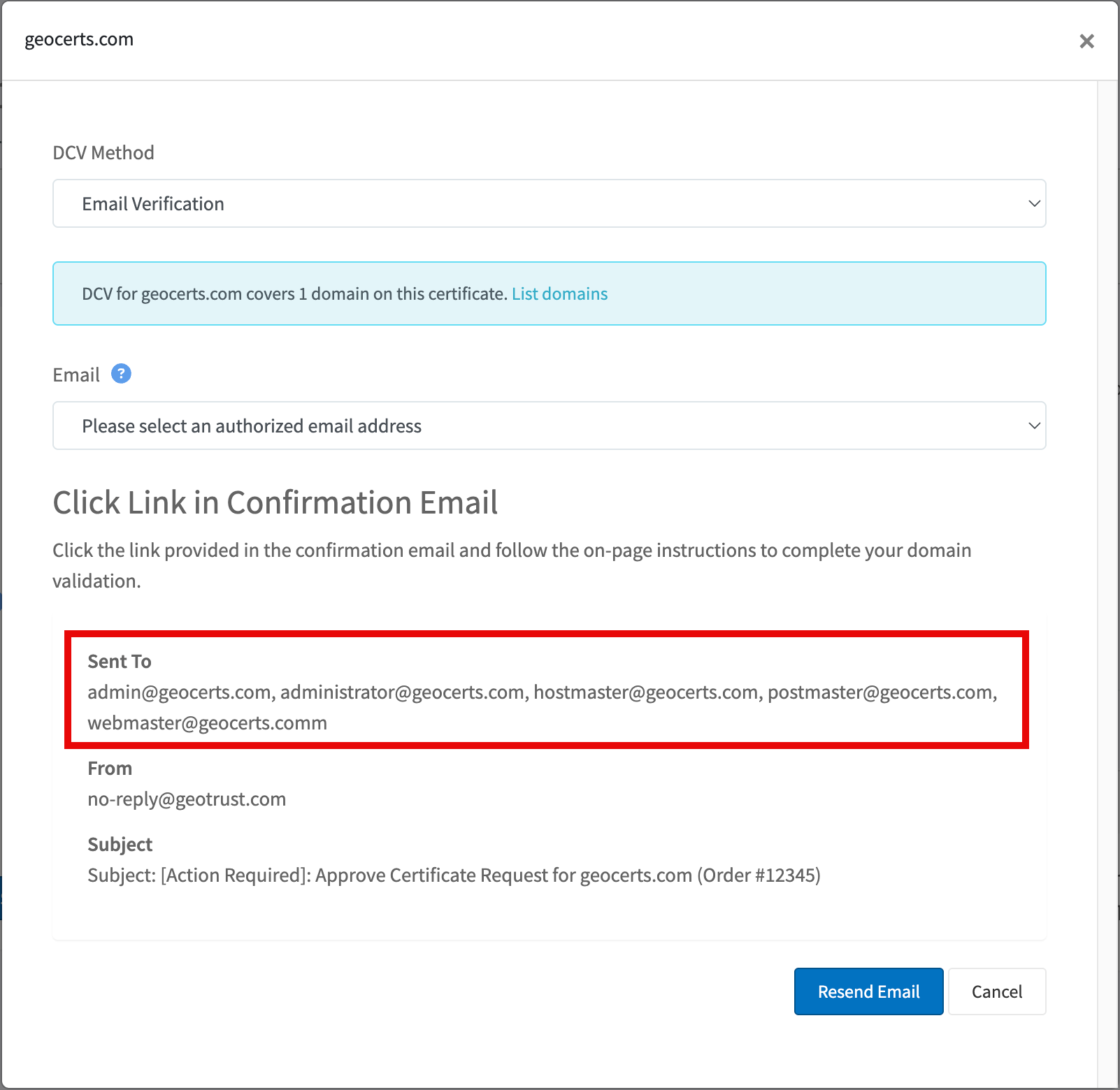 DCV Method modal for Email Verification, with Sent to listing constructed admin addresses