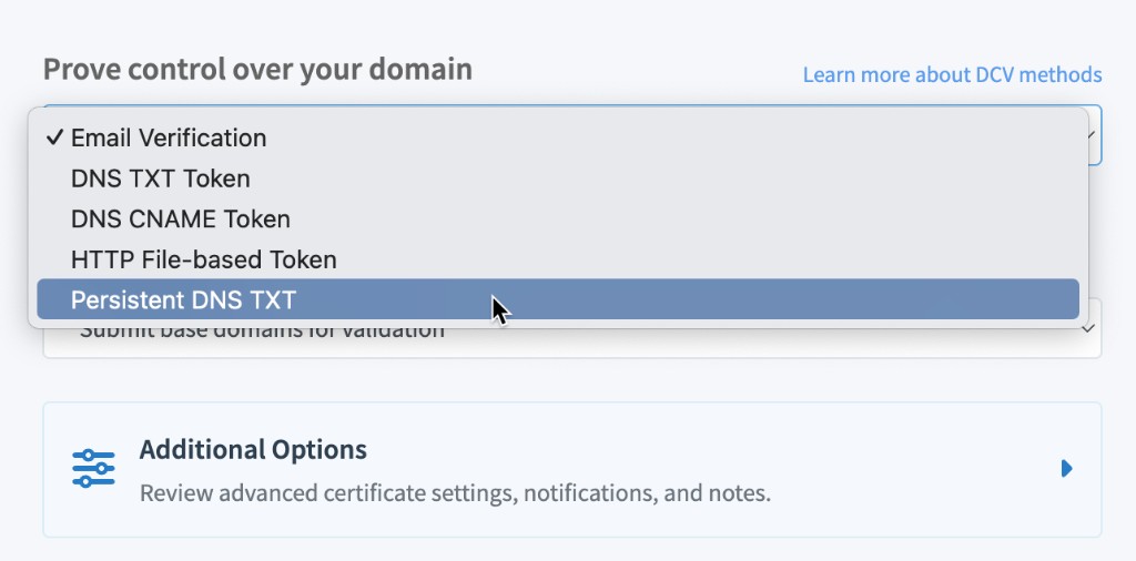 Prove control over your domain dropdown with Persistent DNS TXT highlighted