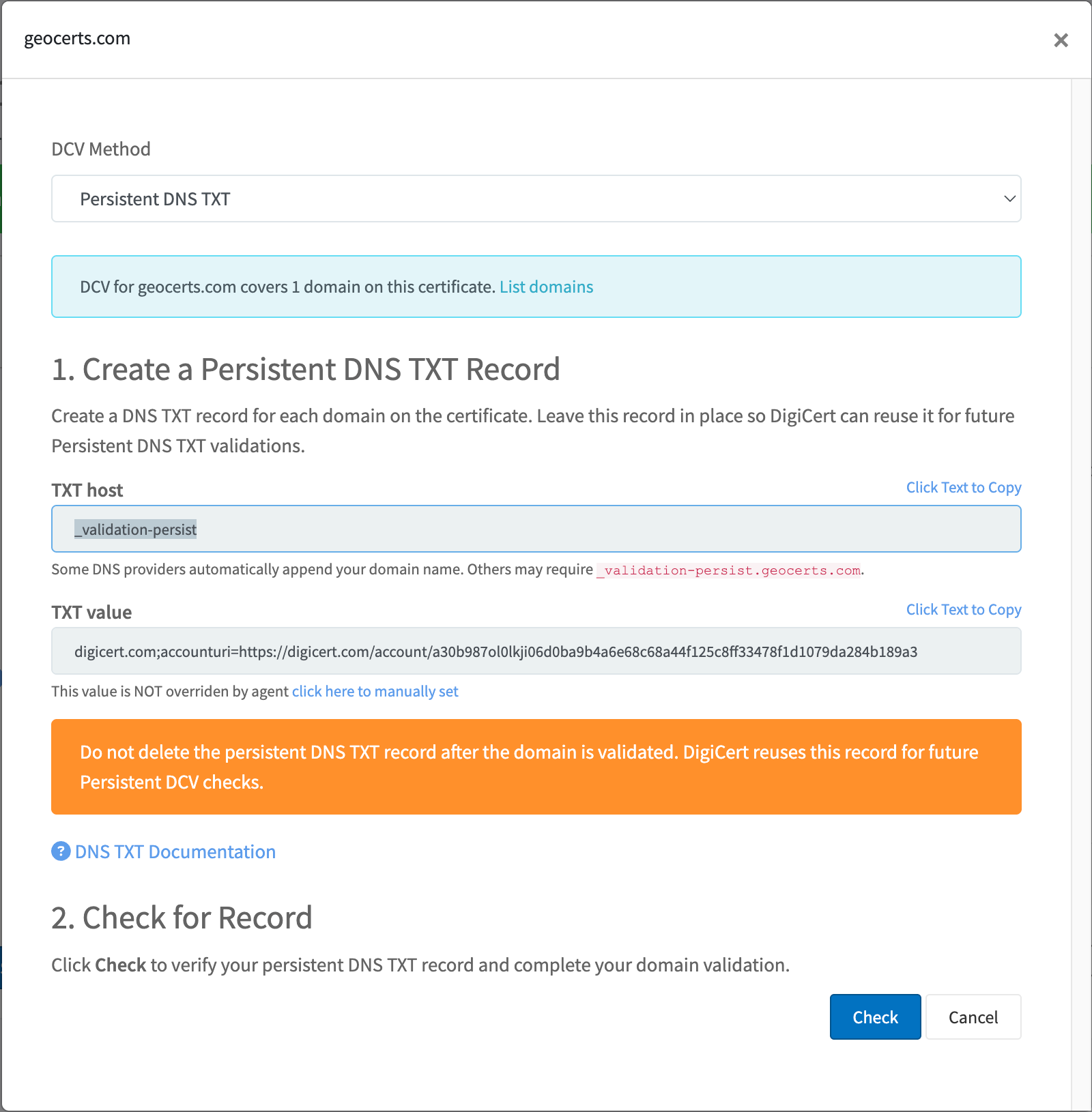 DCV Method panel with TXT host, TXT value, do-not-delete warning, and Check